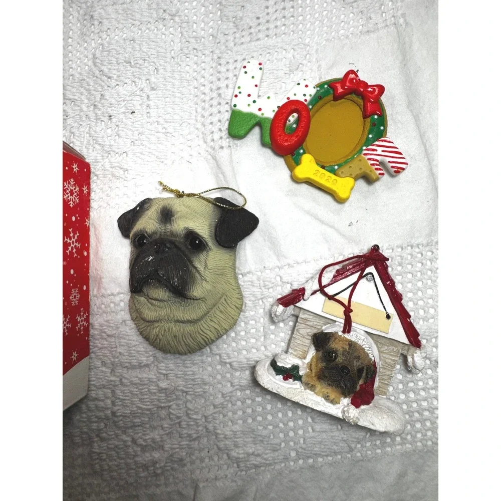 Pug Christmas Ornament Lot Resin Santa Hat Doghouse 2020 Frame Holiday Decor